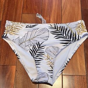 SHEIN White Bikini Bottoms with Black Leaf Print and Gold Accents